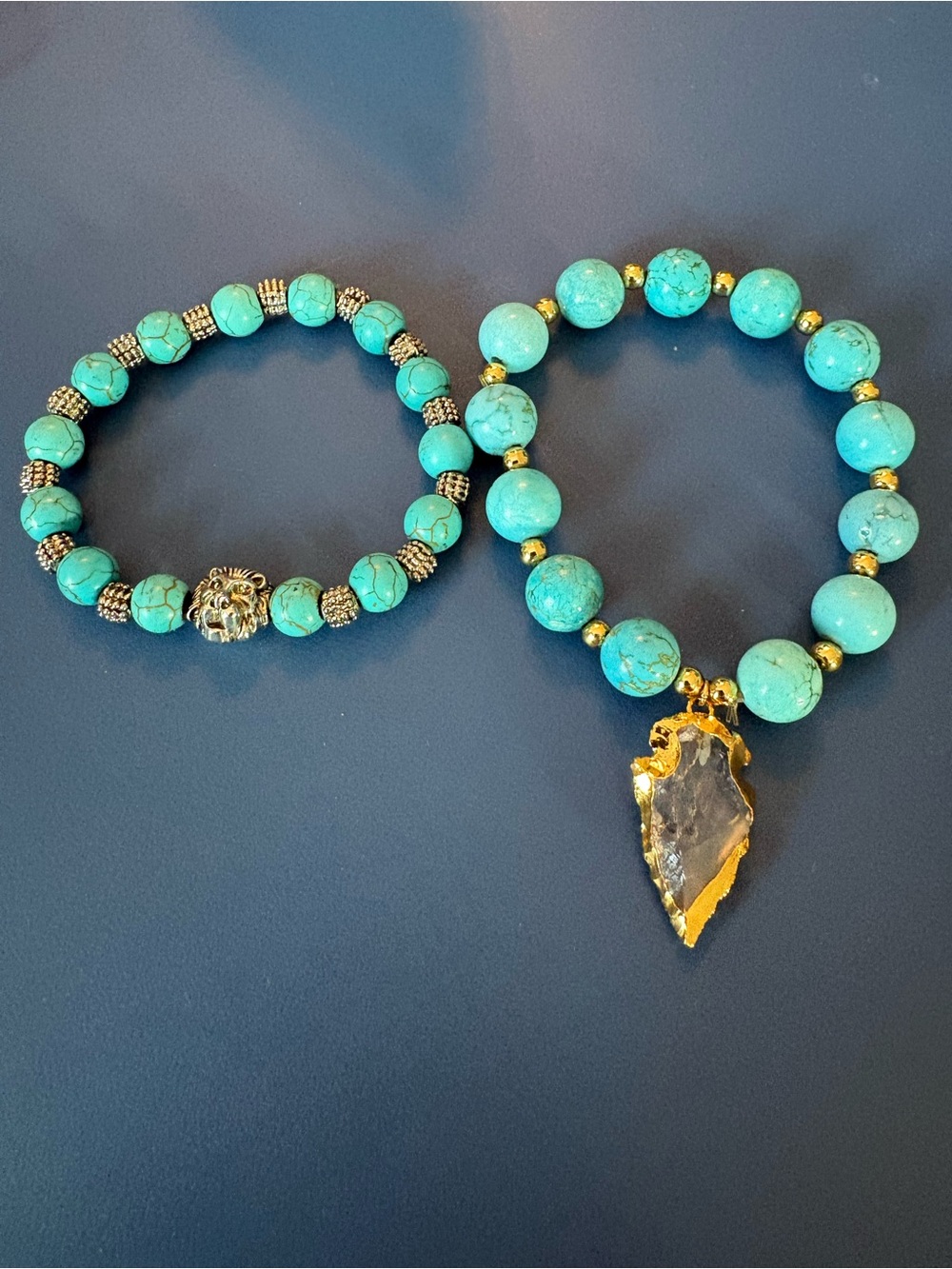 Boho Turquoise Bracelet Stack Set Gold Arrowhead Pendant & Silver Lion Charm